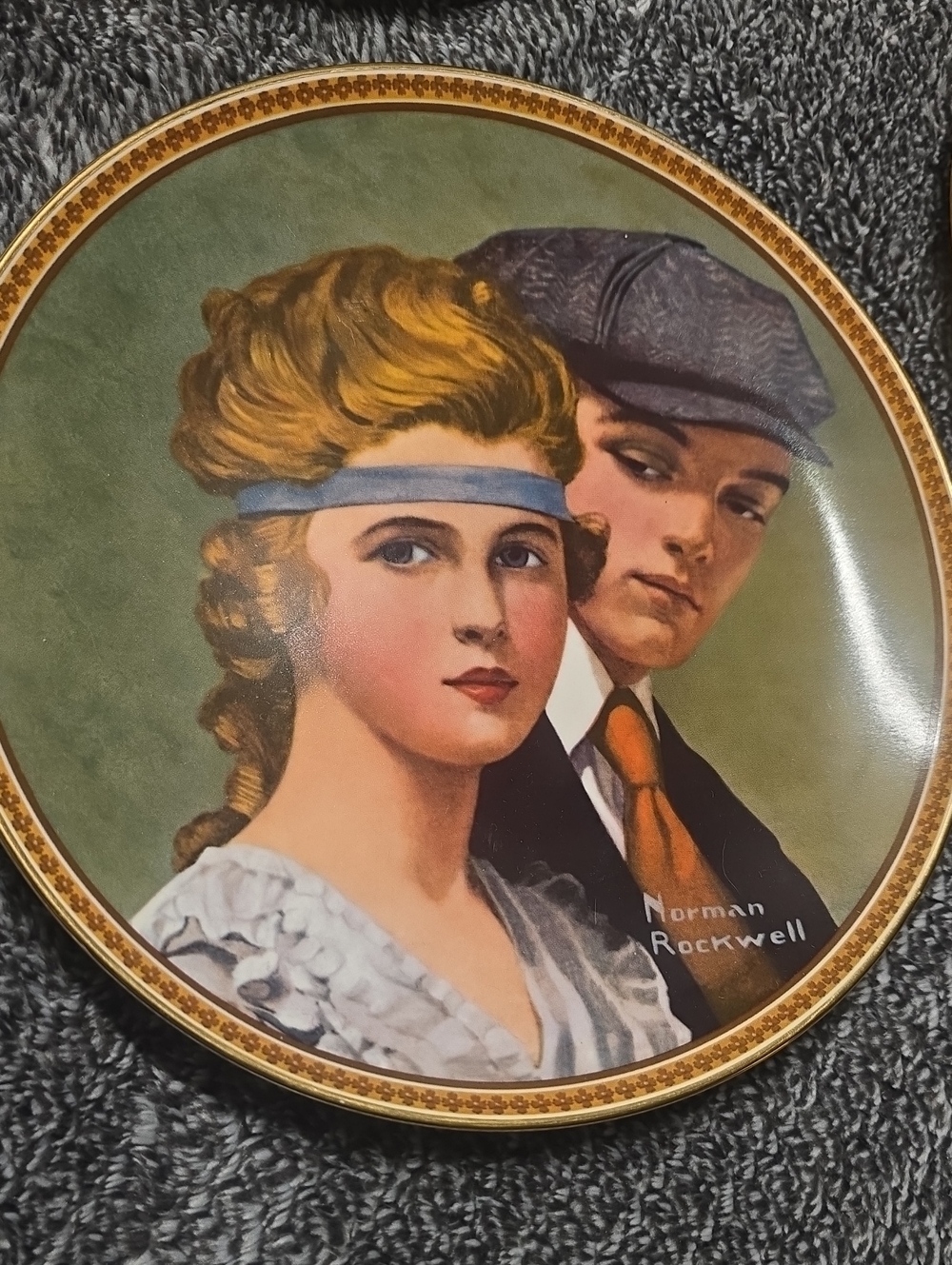 Knowles Norman Rockwell Style Decorative Plate in Green, Gold and Blue